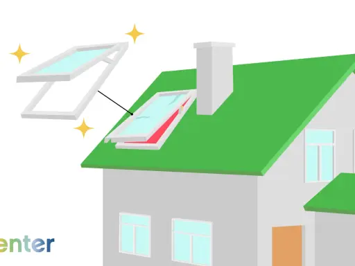Ein Haus mit grünem Dach, ein Schornstein und ein Dachfenster werden gezeigt. Ein neues Dachfenster wird über einem alten dargestellt. Informationen zu velux dachfenster austauschen kosten sind hier relevant.