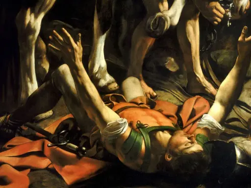 La conversion de saint Paul par Caravage : Paul, tombé de cheval, reçoit la lumière divine. Ses bras levés implorent, tandis que les jambes du cheval dominent la scène.