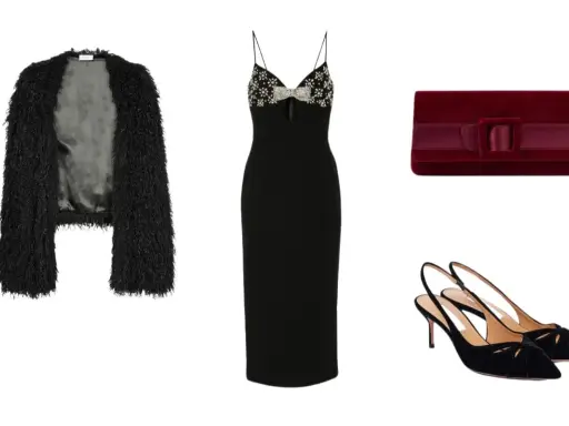 Tubino nero con dettagli gioiello, pochette bordeaux e scarpe basse eleganti. Un outfit perfetto per una serata speciale.