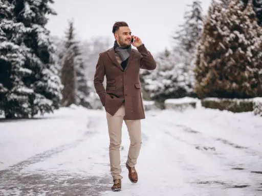 Man in stylish winter cocktail attire for men, wearing a brown coat and scarf, walks through a snowy park while on the phone.