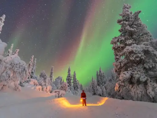 Un uomo con lanterna, vestito da Babbo Natale, ammira l'aurora boreale in Lapponia. Un paesaggio innevato e magico, perfetto per chi cerca dove andare in Lapponia.