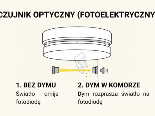 Ilustracja pokazuje, jak działa czujnik dymu. Bez dymu światło omija fotodiodę. Gdy pojawi się dym, rozprasza światło, aktywując alarm.