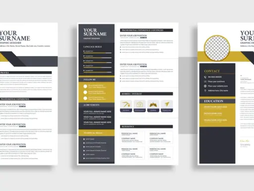 Szablony CV z sekcjami: dane kontaktowe, profil, wykształcenie, doświadczenie, umiejętności, zainteresowania.