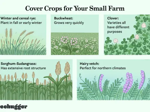 Illustrations of cover crop examples: winter rye, buckwheat, clover, sorghum-Sudangrass, and hairy vetch.