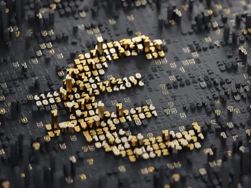 Złoty symbol euro wyrasta z cyfrowego krajobrazu liczb, symbolizując potęgę pieniądza cyfrowego.