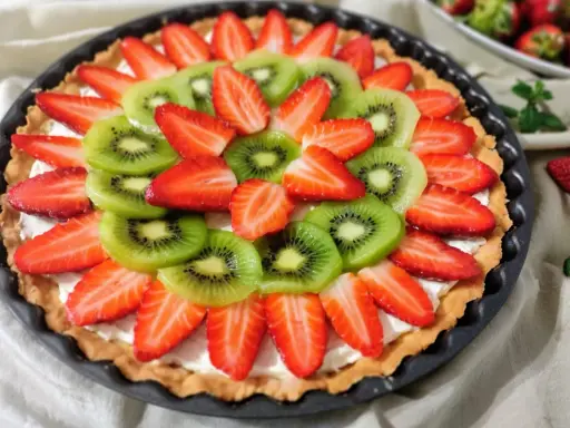 Kolorowa tarta z owocami: plasterki kiwi i truskawek ułożone na kremowym nadzieniu.