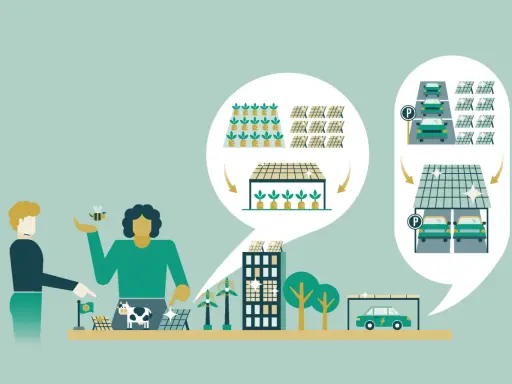 Menschen und Bienen arbeiten zusammen, um klimawandel entgegenwirken. Solarenergie, Elektroautos und nachhaltige Landwirtschaft sind Teil der Lösung.