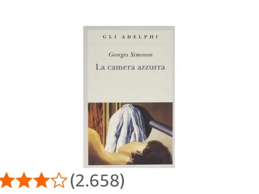 Copertina del libro "La camera azzurra" di Georges Simenon. Un corpo giace coperto da un lenzuolo bianco, con uno sfondo scuro e un elemento cilindrico.