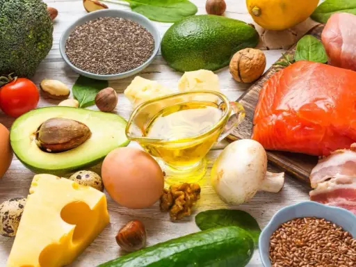 Składniki na dieta dukana faza 1 jadłospis na 5 dni: łosoś, kurczak, jajka, awokado, ser, brokuły, pomidor, ogórek, oliwa, orzechy, nasiona.