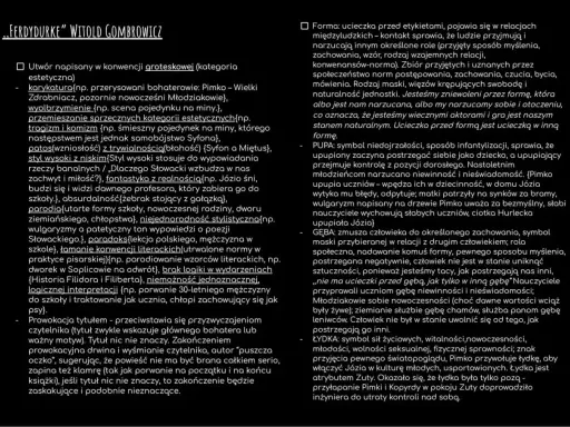 Fragment tekstu z nagłówkiem "FERDYDURKE" WITOLD GOMBROWICZ i wypunktowanymi cechami groteski.