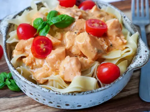 Schmackhafte Nudeln mit Lachs in cremiger Sauce, garniert mit Kirschtomaten und Basilikum. Ein Genuss!