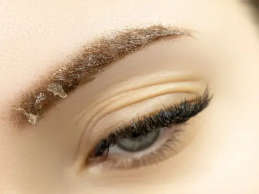 Gros plan sur un sourcil en cours de guérison après un maquillage permanent, montrant des croûtes et des poils. Soins après maquillage permanent sourcils.