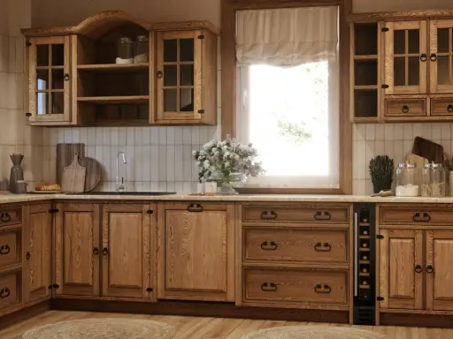 Piękna kuchnia z litego drewna, pełna ciepłych inspiracji. Naturalne drewno zdobi szafki, szuflady i półki, tworząc przytulną atmosferę.