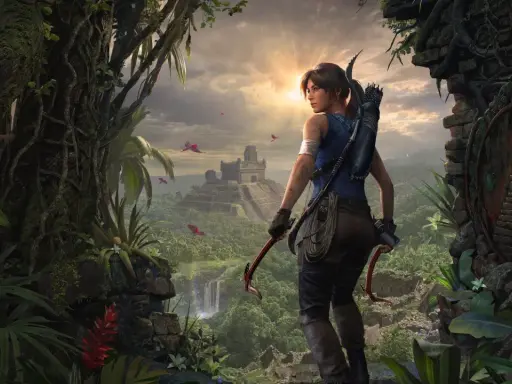 Lara Croft w dżungli, przed starożytną piramidą. To jedna z fajniejszych gier świata, pełna przygód i tajemnic.