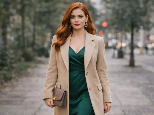 Elegancka kobieta w beżowym płaszczu o klasycznym fasonie, z zieloną sukienką i brązową torebką.