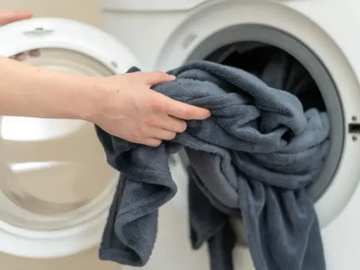 Ręka wkłada szary koc do pralki. Tak jak prac koce, by były czyste i pachnące.