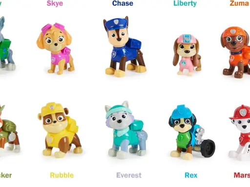 Kolekcja zabawek z Psiego Patrolu: Rocky, Skye, Chase, Liberty, Zuma, Tracker, Rubble, Everest, Rex i Marshall gotowi do akcji.