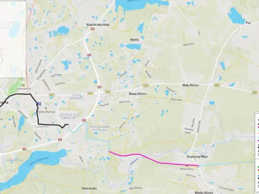 Mapa Pomorskich Tras Rowerowych (PTR) i Subregionalnej Trasy Rowerowej (STR) z zaznaczonymi odcinkami gotowymi i planowanymi. Widoczna Kościerzyna i okolice.