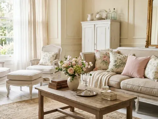 Un salon cosy et lumineux, ambiance intérieur shabby chic. Canapé beige, fauteuils, coussins fleuris et un bouquet de roses.