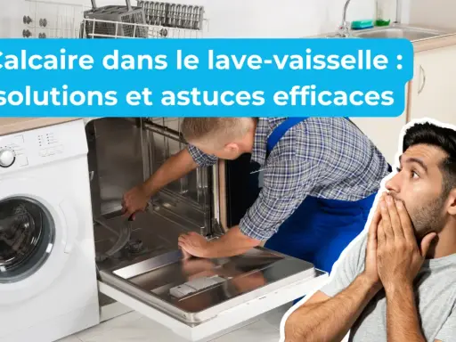 Un homme surpris regarde un technicien nettoyer le calcaire dans un lave-vaisselle.