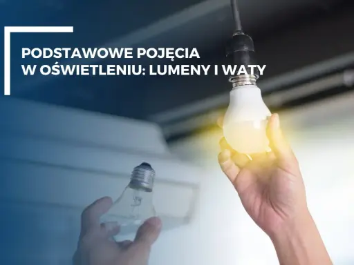 Ręka trzyma żarówkę LED, obok druga żarówka. Tekst: "Podstawowe pojęcia w oświetleniu: lumeny i waty". Dowiedz się, jak obliczyć waty.
