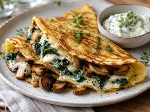 Herzhafte Pfannkuchen gefüllt mit Spinat und Pilzen, überbacken mit Käse, serviert mit Kräuterquark.