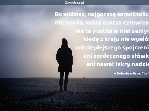 Samotność cytaty: postać w polu, w tle mgła i słońce. Najgorsza samotność to pustka w sercu, brak ciepła i nadziei.