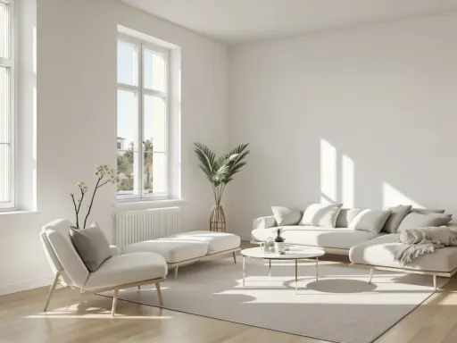 Un salon lumineux et aéré, typique d'un appartement traversant, avec un canapé modulable, un fauteuil, une table basse et des plantes vertes.