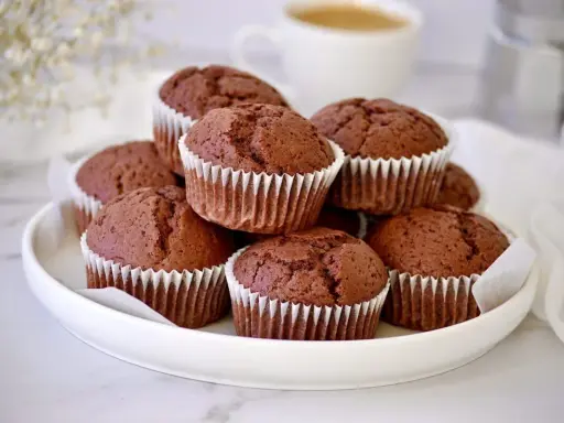 Ein Stapel saftiger Schoko-Muffins, die wie **red velvet muffins** aussehen, auf einem weißen Teller. Im Hintergrund eine Kaffeetasse.