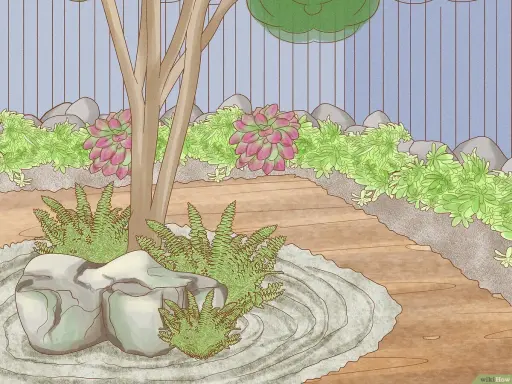 Un sereno jardín zen japonés con rocas, helechos y suculentas. El camino de madera serpentea entre la vegetación, invitando a la contemplación.
