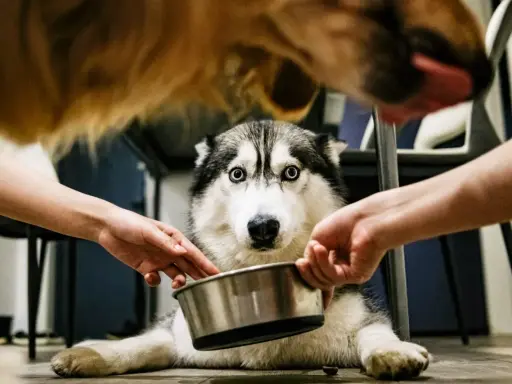 Husky z miską w łapach, otoczony dłońmi. Może czeka na nifuroksazyd dla psa, by poczuć się lepiej.