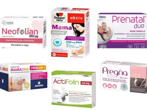 Suplementy diety z kwasem foliowym dla kobiet w ciąży: Neofolian, Doppel Herz Mama Premium, Prenatal Duo, MAMADHA PREMIUM+, ActiFolin, Pregna Plus.
