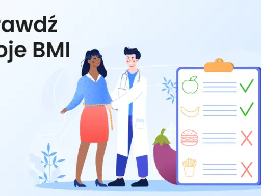 Lekarz mierzy talię pacjentki, obok lista z produktami i zaznaczone zdrowe wybory. Sprawdź swoje BMI i jego granice.