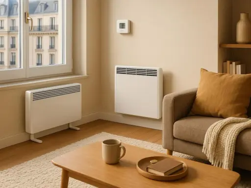 Deux radiateurs électriques modernes dans un salon cosy, offrant une solution d'économie de chauffage intelligente.