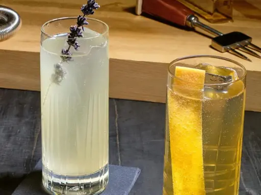 Zwei erfrischende Gin Tonic Drinks, einer mit Lavendel, der andere mit Zitrusgarnitur, bereit zum Genuss.
