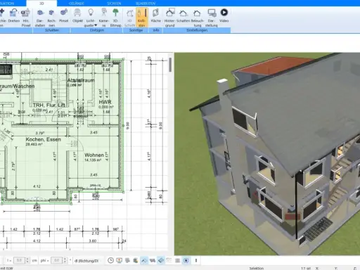 Grundriss und 3D-Ansicht eines Hauses, das man ohne Architekten bauen kann.