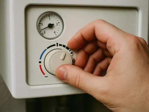 Dłoń reguluje pokrętło pieca gazowego, ustawiając optymalną temperaturę.