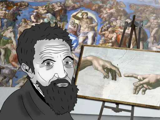 A stylized Michelangelo drawing gazes at his iconic fresco, "The Creation of Adam," a testament to his artistic genius.