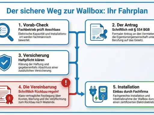 Schritt-für-Schritt-Anleitung für den sicheren Wallbox Anschluss: Vorab-Check, Antrag, Versicherung, Vereinbarung und fachgerechte Installation.