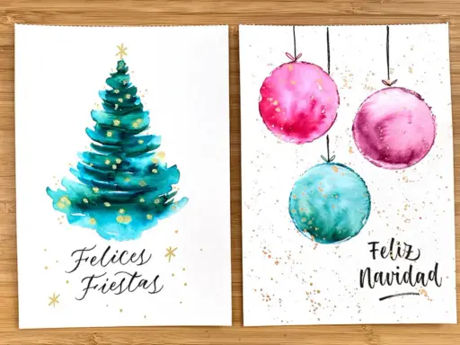 Dos postales navideñas: un árbol verde con adornos dorados y "Felices Fiestas", y tres esferas rosas y turquesas con "Feliz Navidad". ¡Una postal navidad facil y hermosa!