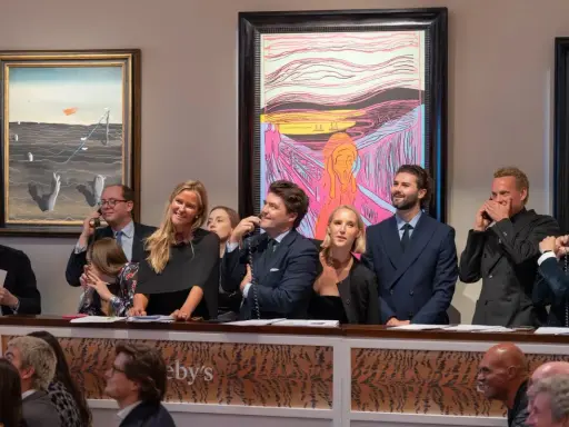 Bidders at Sotheby's and Christie's auctions engage in lively bidding wars, with a vibrant rendition of "The Scream" and other artworks as backdrops.