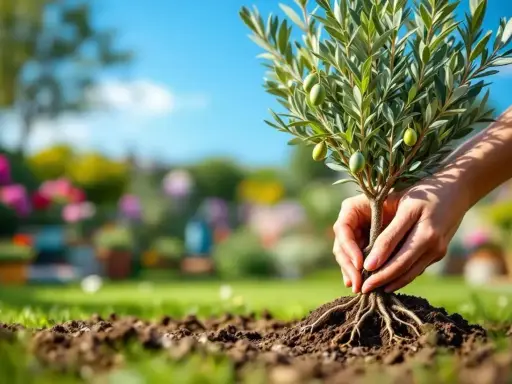 Mains plantant un jeune olivier, ses racines exposées, dans une terre fertile. Quelle terre pour un olivier ? Celle qui promet une belle récolte.