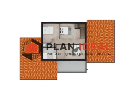Vue aérienne d'un plan de maison 5 chambres, avec toiture en tuiles oranges et logo "PLAN IDEAL".