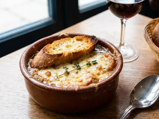 Un cuenco de sopa de cebolla gratinada con pan tostado y queso derretido, adornado con tomillo. Una copa de vino tinto y una cuchara completan la escena.