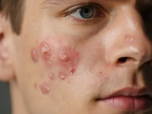 Gros plan sur le visage d'un jeune homme, montrant une irritation paupière et des lésions d'acné enflammées sur la joue.