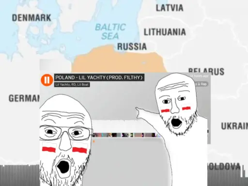 Dwaj Polacy z flagami na twarzach reagują na "Lil Yachty Poland". Mapa Europy w tle.