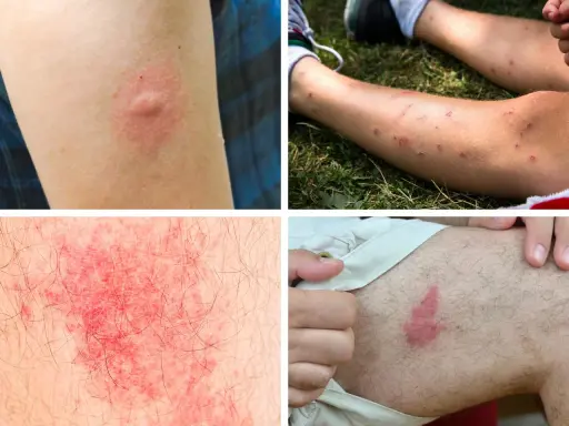 Plusieurs réactions cutanées, dont une piqure de moustique infectée, montrent une inflammation et des rougeurs sur la peau.