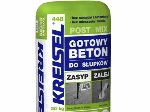 Gotowy beton Kreisel do słupków. Worek 20 kg. Informacja o tym, ile worków betonu na m2, jest kluczowa przy planowaniu prac.