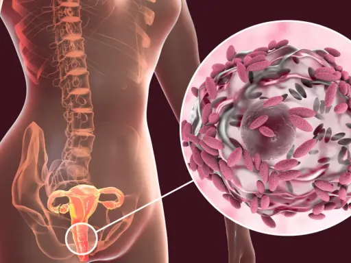 Anatomía femenina con detalle ampliado de vaginosis bacteriana.