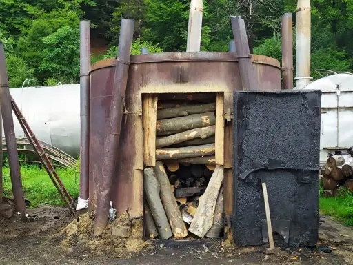 Wypalanie węgla drzewnego w piecu. Drewno ułożone w otwartym palenisku, obok czarne drzwi i inne metalowe konstrukcje.